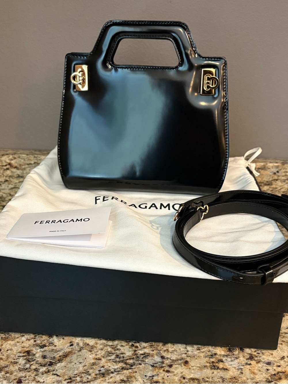 Salvatore Ferragamo Wanda Black Patent Leather Mini Bag with Gold Hardware